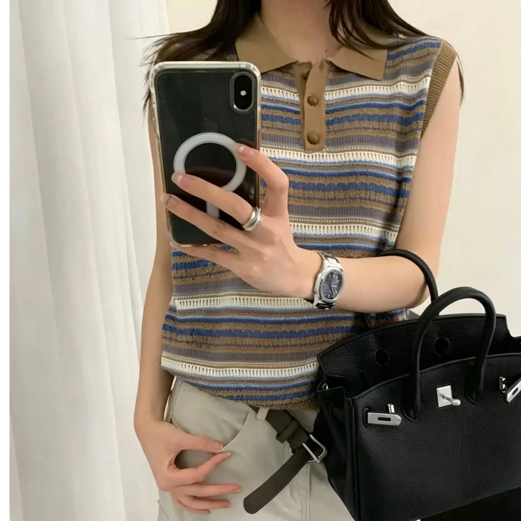 Korean Style Color Block  Neck Short Sleeve Knitted Sweater Women's Summer Fashion Versatile Trendy Layering Tank Top