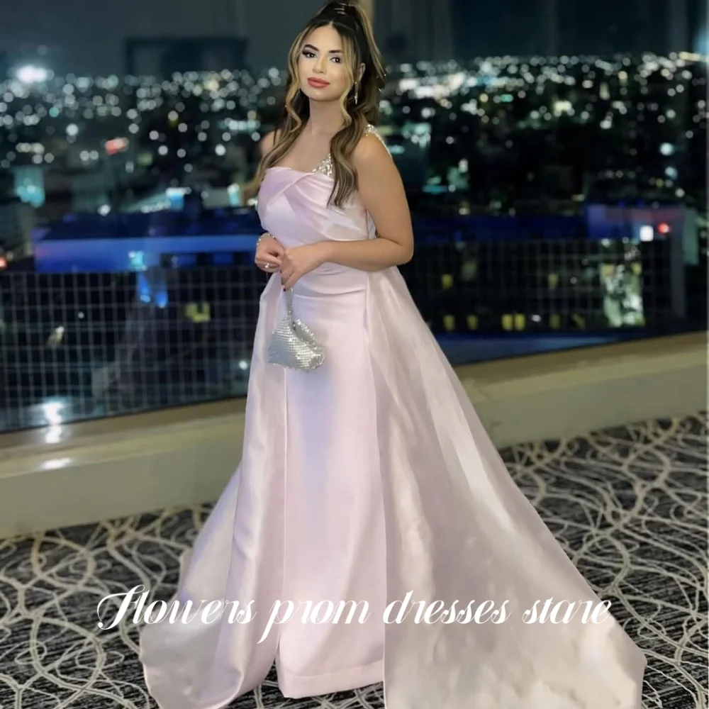 

Flowers Pink Party Dress A-line Ruched Evening Dress Tank Sequins Satin Prom Dresses with Pleats vestidos de novia Customized