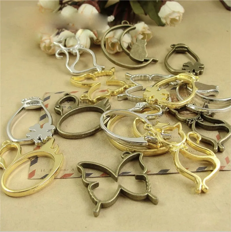 REGELIN 5 pcs/lot Cat moon swan shape Metal Frame Pendant Gold Charm Bezel Setting Cabochon Setting UV Resin Epoxy Resin Charm