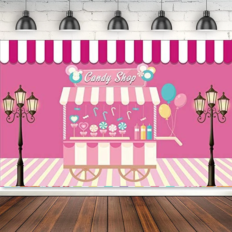 

Candy Shop Photography Backdrop Sweet Cart Stripes Ballons Lollipop Candy Cane Icecream Street Light Birthday Party Background