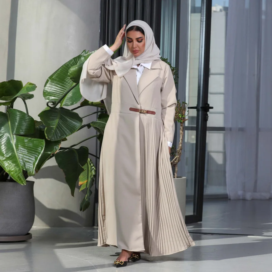 Long-Sleeved Leather Abaya-Kimono For Muslim Women Dubai Moroccan African Dress Fashion Novelty Turn-down Collar Clothing