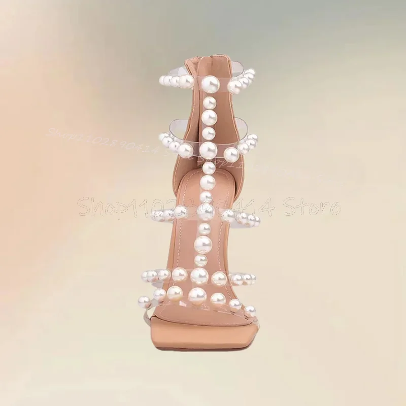 Pearl Decor Black Hollow Design Open Toe Sandals Back Zipper Women Shoes Thin High Heels Fashion Party 2025 Zapatos Para Mujere