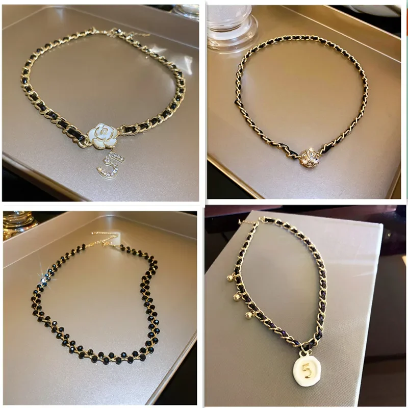 Pearl flower leather necklace for woman high-quality sweater chain number 5 woman Heart necklace