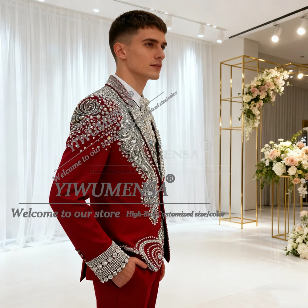 

Brilliant Jewelry Beaded Men Suits 2 Pieces Sets Wedding Party Tuxedos Customized Single Breasted Groom Blazer Slim Costume Homm
