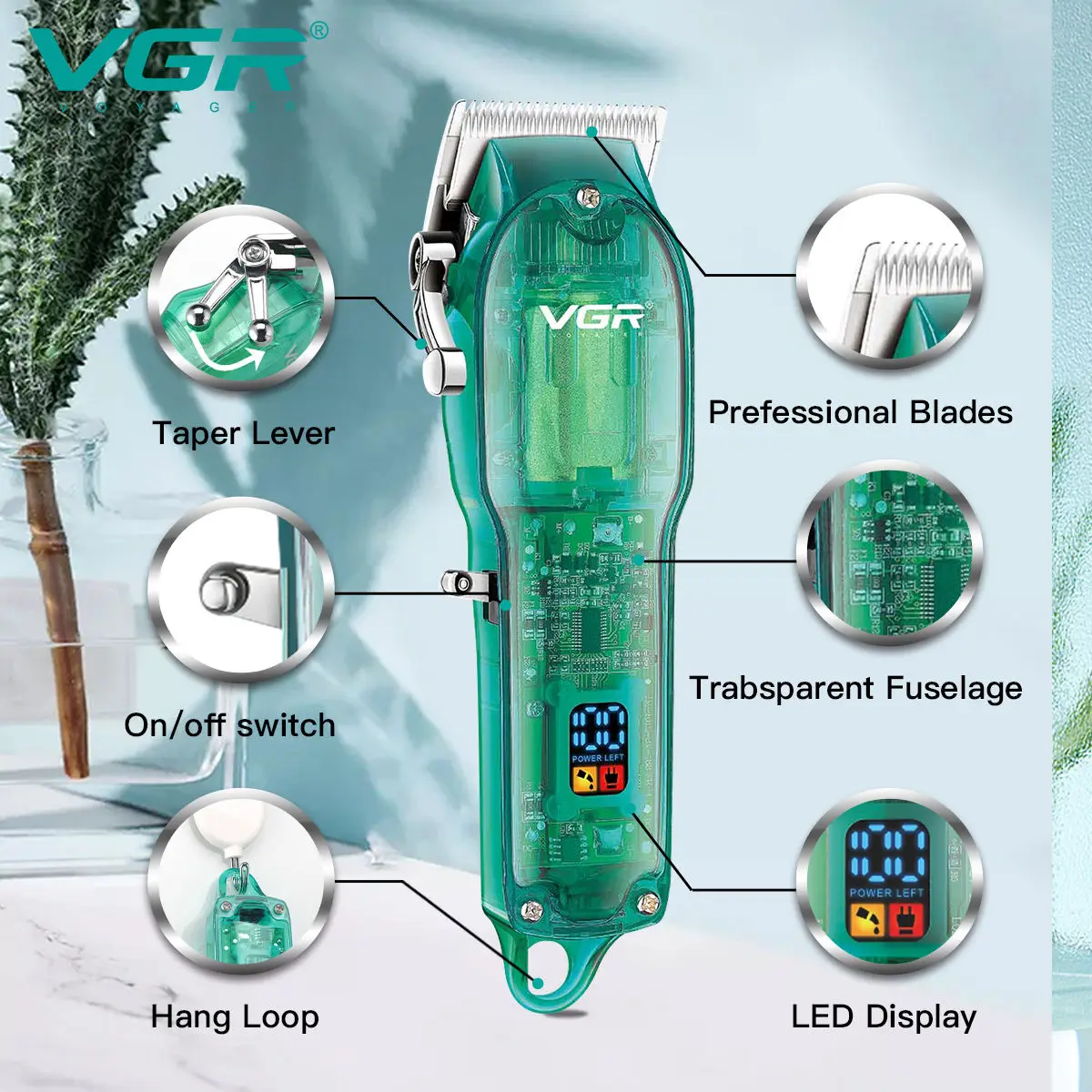 VGR 660 Hair Clipper Transparent Hair Cutting Machine Cordless Hair Trimmer Electric Barber Digital Display Clipper for Men