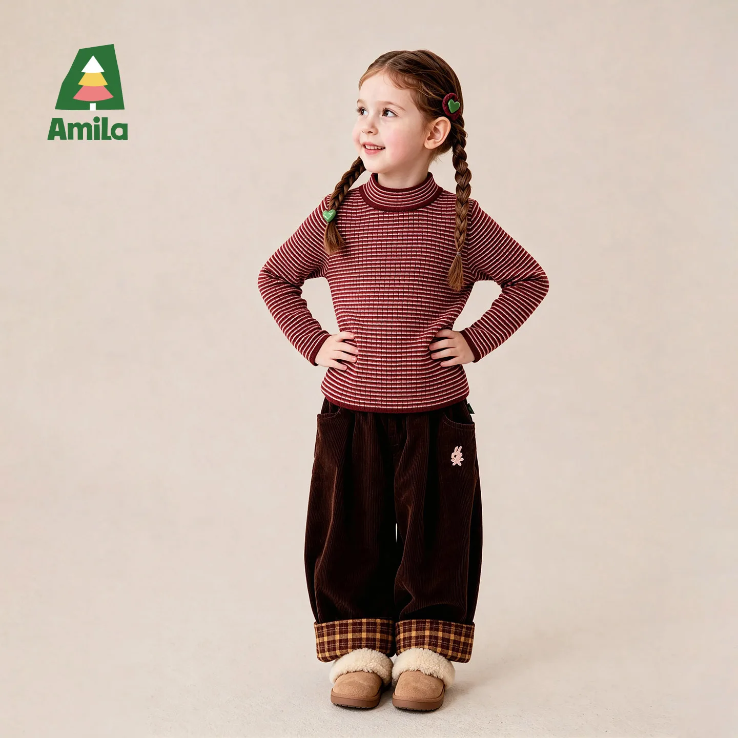Amila 2026 Winter New Kids Sweater Fine Grid Texture Crew Neck Knitted Warm Thermal Extra Soft Cozy Comfortable Daily Top