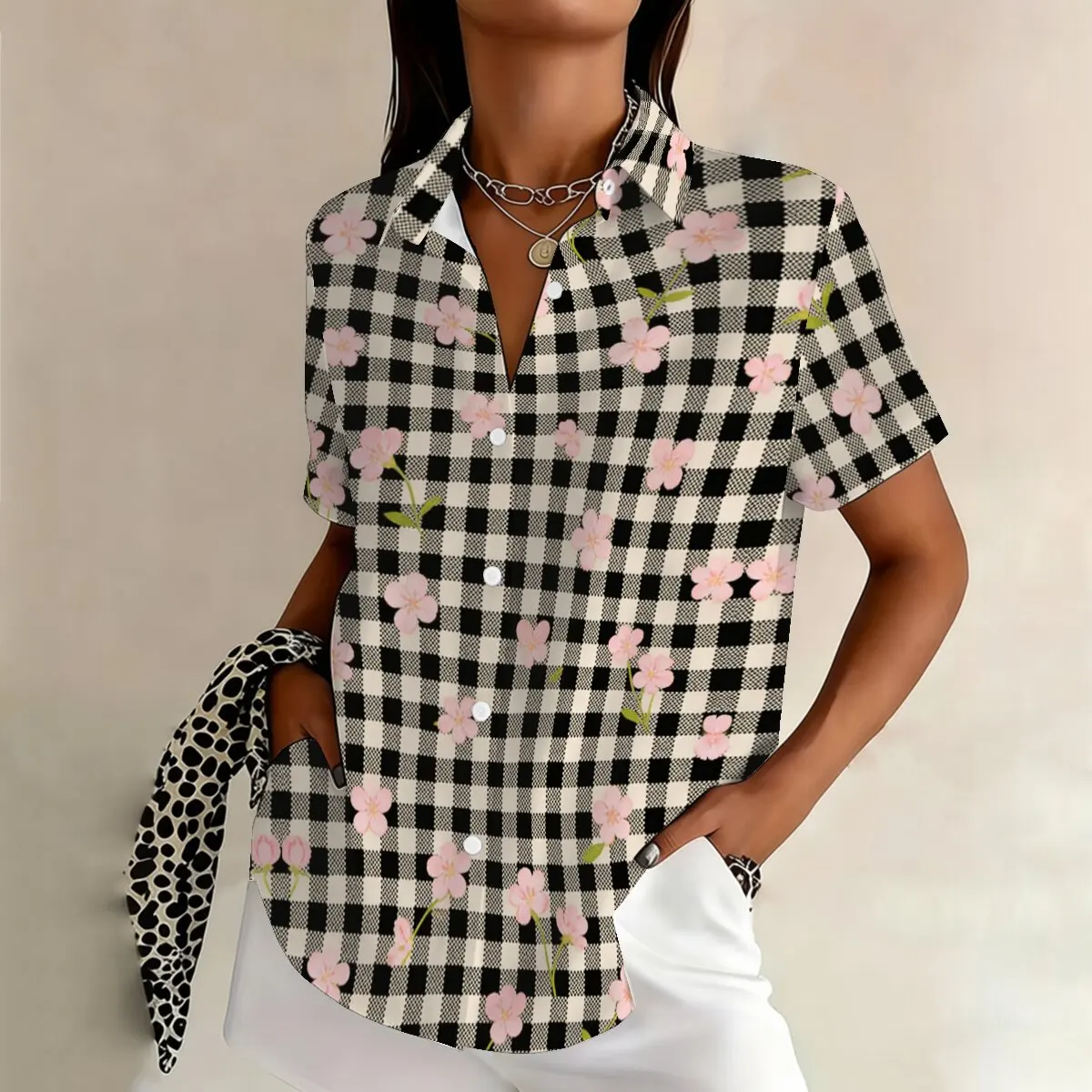

Летняя модная женская рубашка больших размеров с коротким рукавом и отложным воротником, в клетку и с цветочным принтом, в стиле ретро, подходит для торжественных мероприятий.