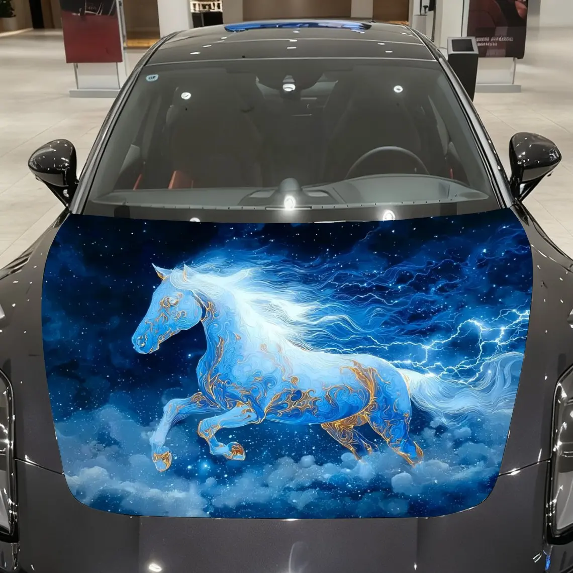 

White Gorgeous Horse Car Hood Vinyl Packaging-waterproof, Scratch Resistant, Self-adhesive Sticker, Red And Black Design, Durabl