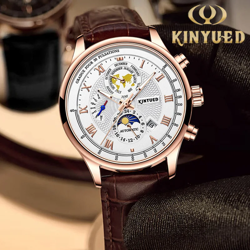 KINYUED Luxury Men's Watch Leather Strap Moon Phase Watches for Men Automatic Movement Date Business Male Mechanical Wrist Watch