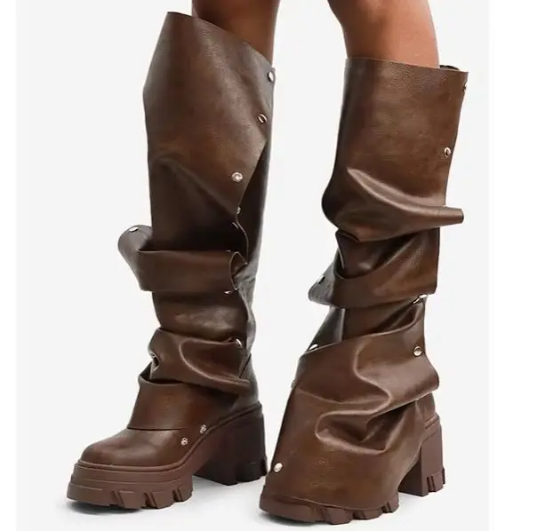 

2025 Winter New Women's Shoes High Heels Thick Bottom Round Toe Metal Rivet Knee-High Boots Large Size Women's Shoes