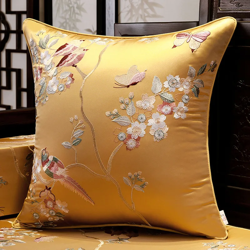 New Chinese Style Pillowcase Embroidered Flower Bird Living Room Sofa Cushion Cover Classical Bedside Backrest Waist Pillow