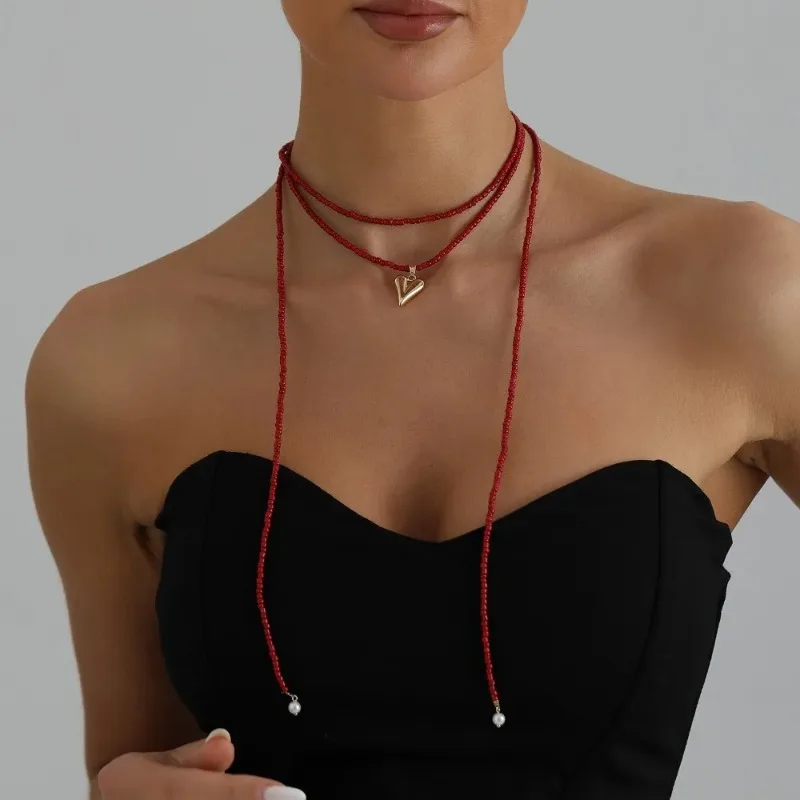 Millennial Hot Girl Style Gold Color Heart Pendant Red Beaded Long Lariat Layered Necklace for Women Fashion Street Wear Jewelry