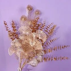 Artificial Golden Ginkgo Leaves Eucalyptus Leaves Plastic Fan Leaves Wedding Home Christmas Decoration Fake Flowers