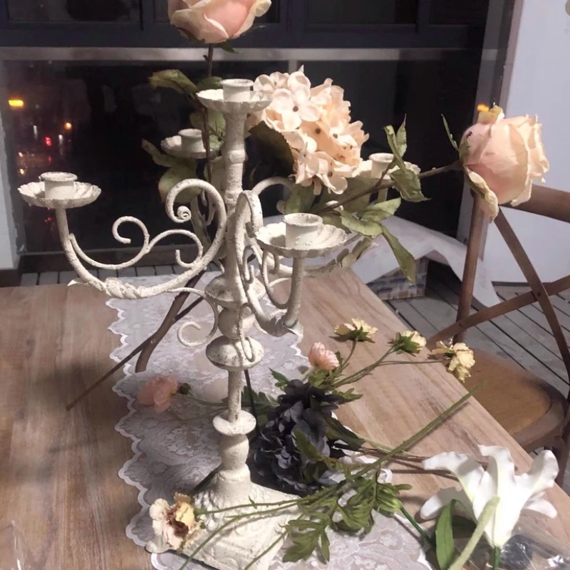 Retro French Relief Art Candlestick Nordic Romantic Style Table Top Decorative Piece for Western Food Court