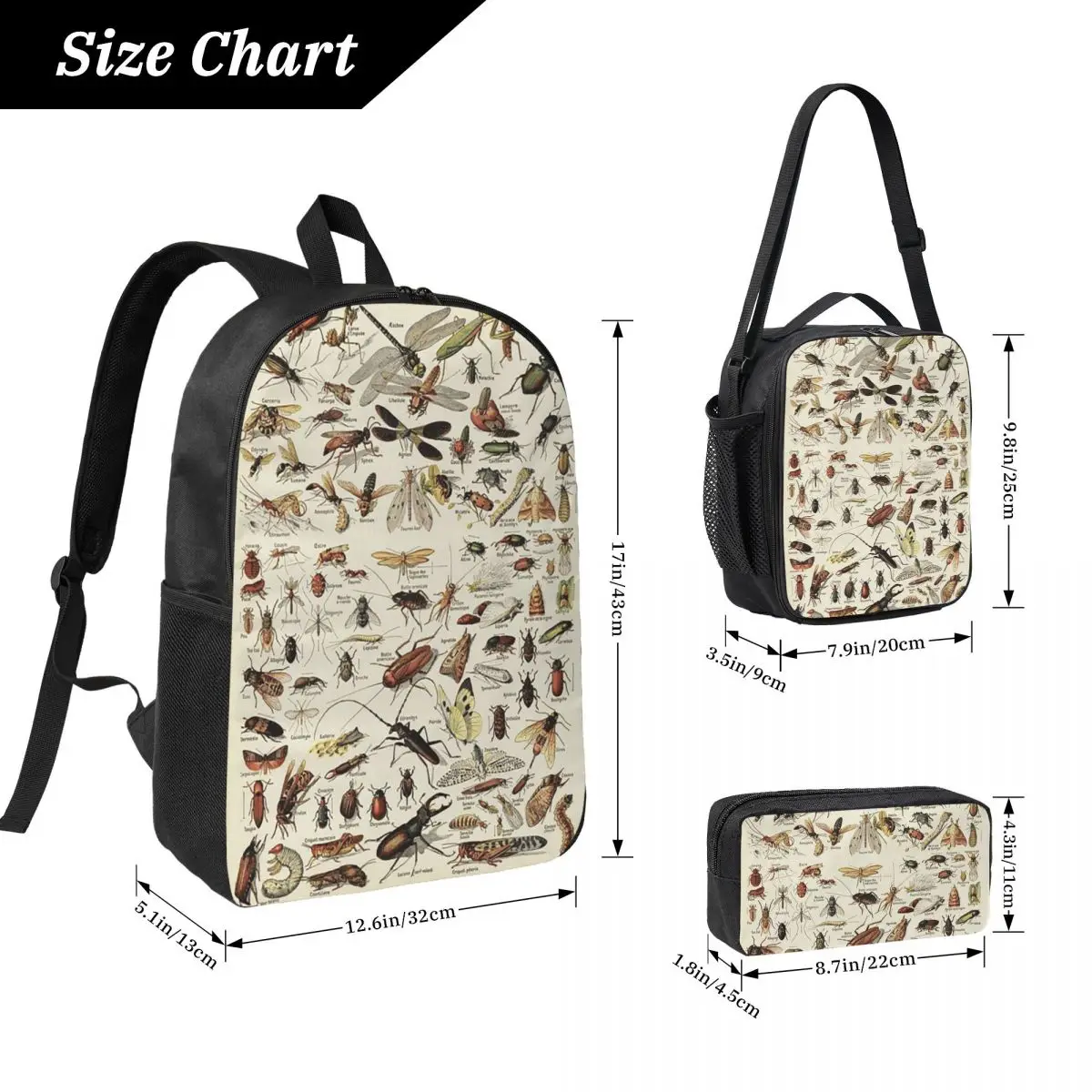 Insects Chart. Scientific Illustration, Text In French Backpack Boy Girls BookBag School Bag 3ps Insulated Lunch Bag Pencil Case