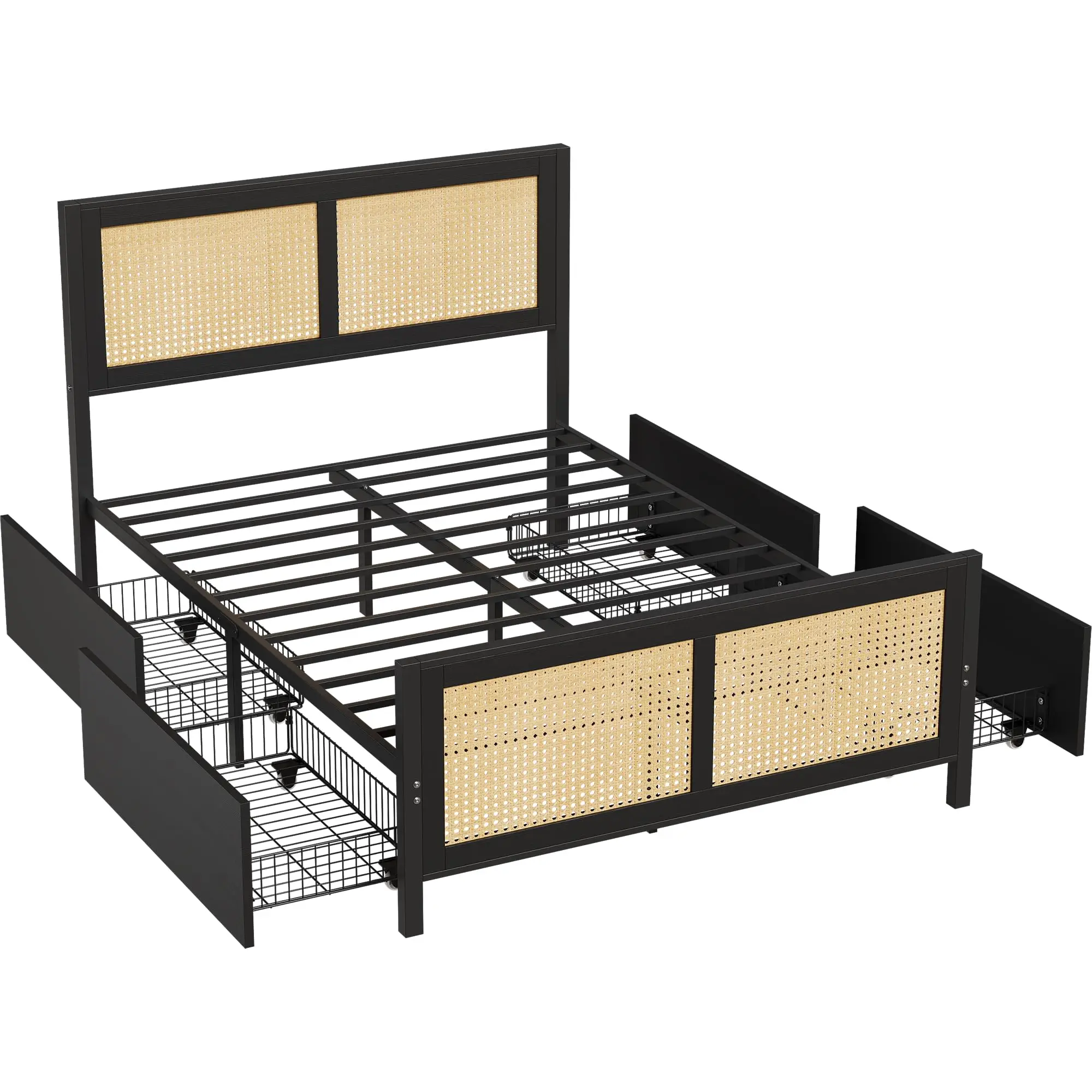 GAOMON Rattan Cane LED Platform Bed Frame with 4 Storage Drawers,GAOMON  GAOMON Noise-Free Metal Slat Support, No Box Spring Needed - Queen - White