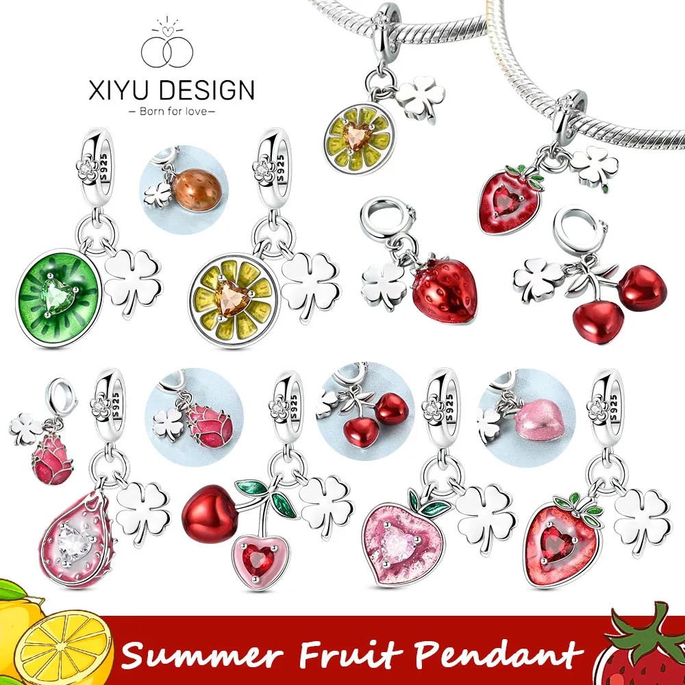 

Summer Fruit 925 Silver Clover Charms Bead Kiwi Fruit Strawberry Cherry Honey Peach Pendants Fit Original Bracelet DIY Jewelry