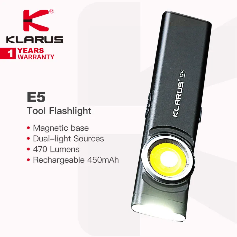 Klarus E5 Dual-light Sources Tool Flashlight, White/Red/Blue 3 Color Lights, 470 Lumens, Lightweight 35.8g, Rechargeable, EDC