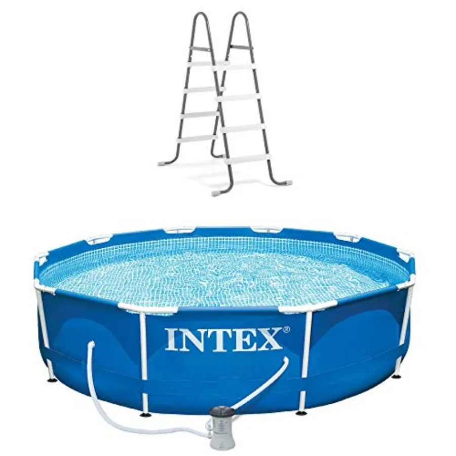 Above ground pool set: 10ft x 30in round metal frame, steel ladder, 330 GPH filter pump, Type H cartridge durable, silver-gray,