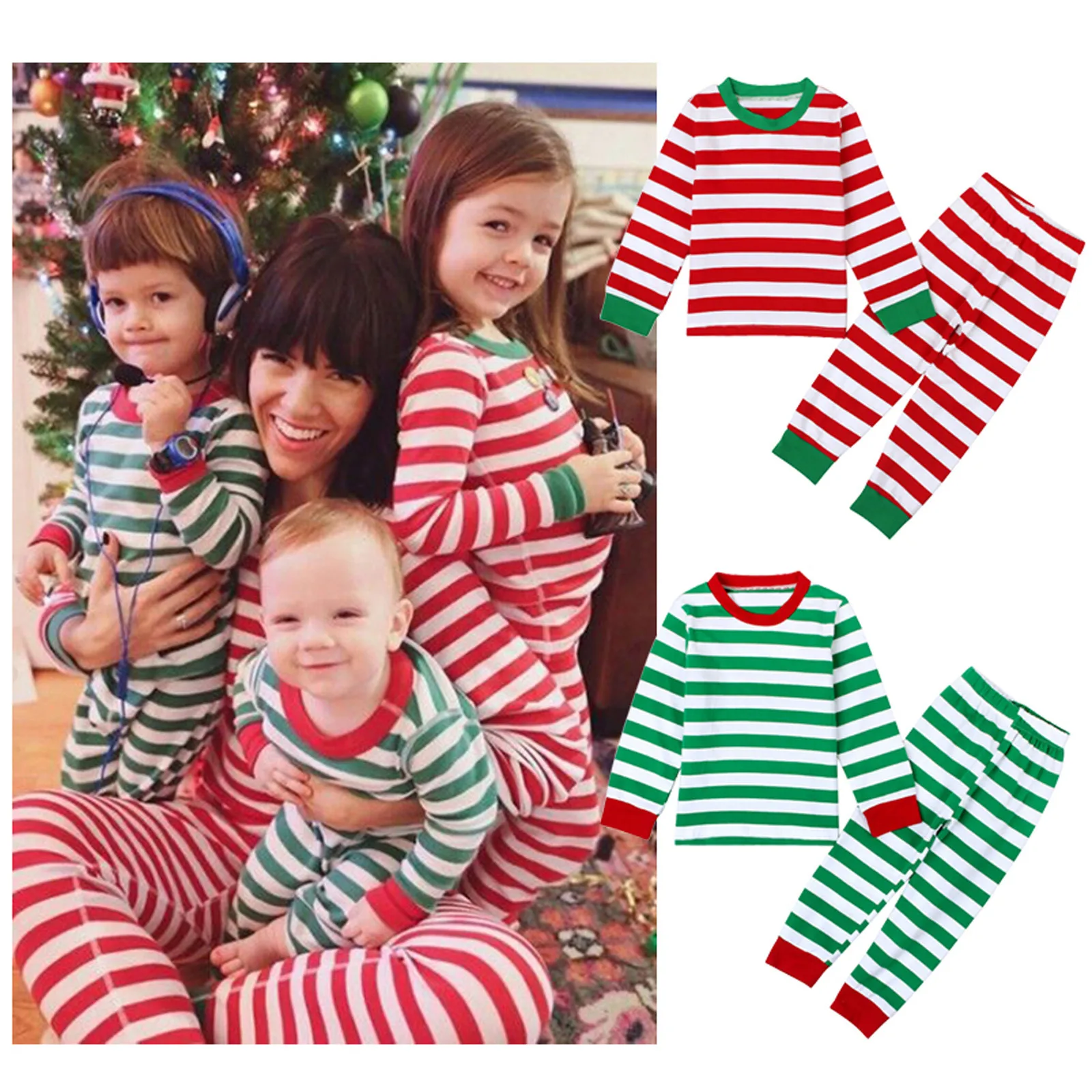 

2Pcs Xmas Cotton Christmas Pajama Sets Autumn Winter Striped Pyjamas Suits Kids Sleepwear Clothes Full Sleeve T-shirt Pants Sets