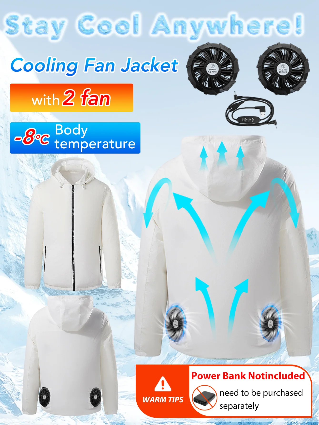 

Охлаждающая одежда с вентилятором, костюм с вентилятором с длинными рукавами и капюшоном, 2 вентилятора, 9-лопастной вентилятор, 3-скоростная регулировка, для рыбалки (без блока питания)