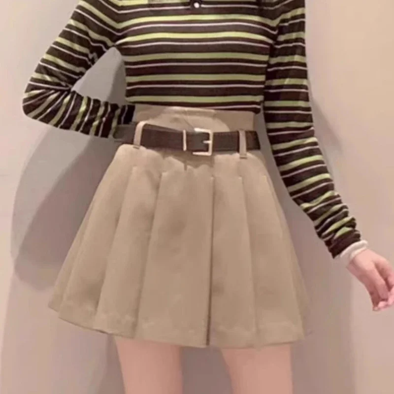 Japan Preppy Style Chic Pleated Skirts With Belt High Waist A-line Mini Jupe Culotte Femme Solid All-match Casual Y2k Faldas