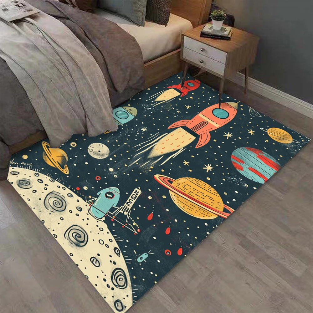 Alfombra con estampado de planeta y cohete espacial, alfombra para dormitorio de niños, alfombra suave antideslizante exquisita, decoración del hogar con tema de galaxia, alfombra para el suelo de la sala de estar