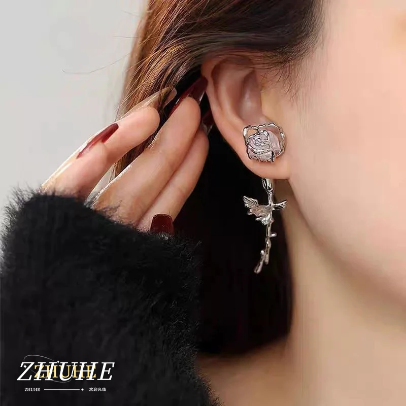 Jewelry Accessories Copper Material Thorn Stem Rose Earrings For Women 3D Carved Branch Studs With Purple Crystal Flower Gothic