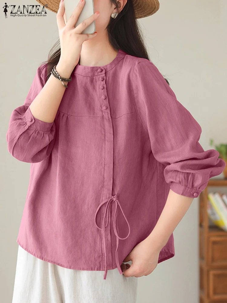 

ZANZEA, женские рубашки с длинными рукавами, однотонные бандажные пуговицы, модная блузка, осень 2021, корейские Blusas Femininas, офисные повседневные топы