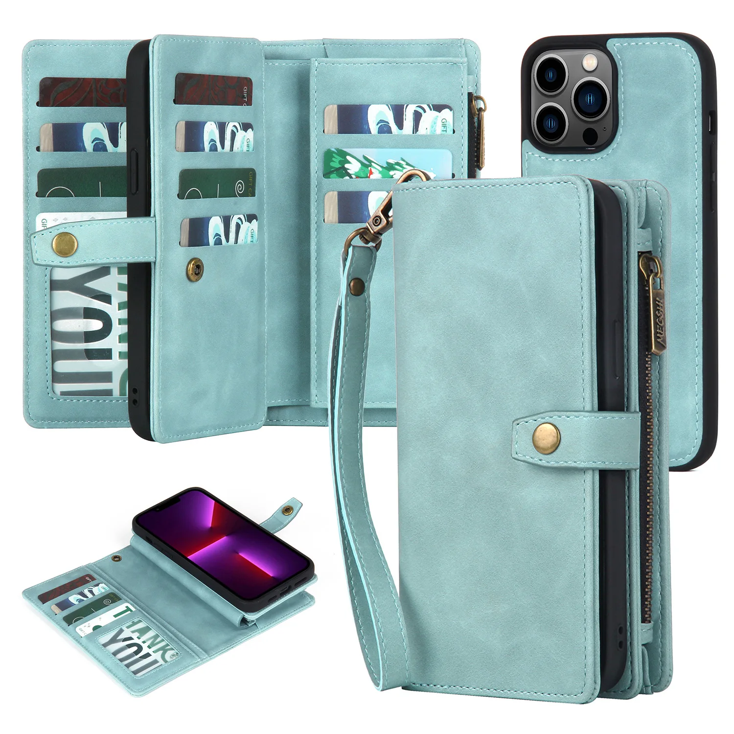 

HUITT-HT55 Anti-knock Wallet Detachable Flip Case For Iphone 14 13 12 11 Pro Max Plus Cover Multi-functional Zipper Cases