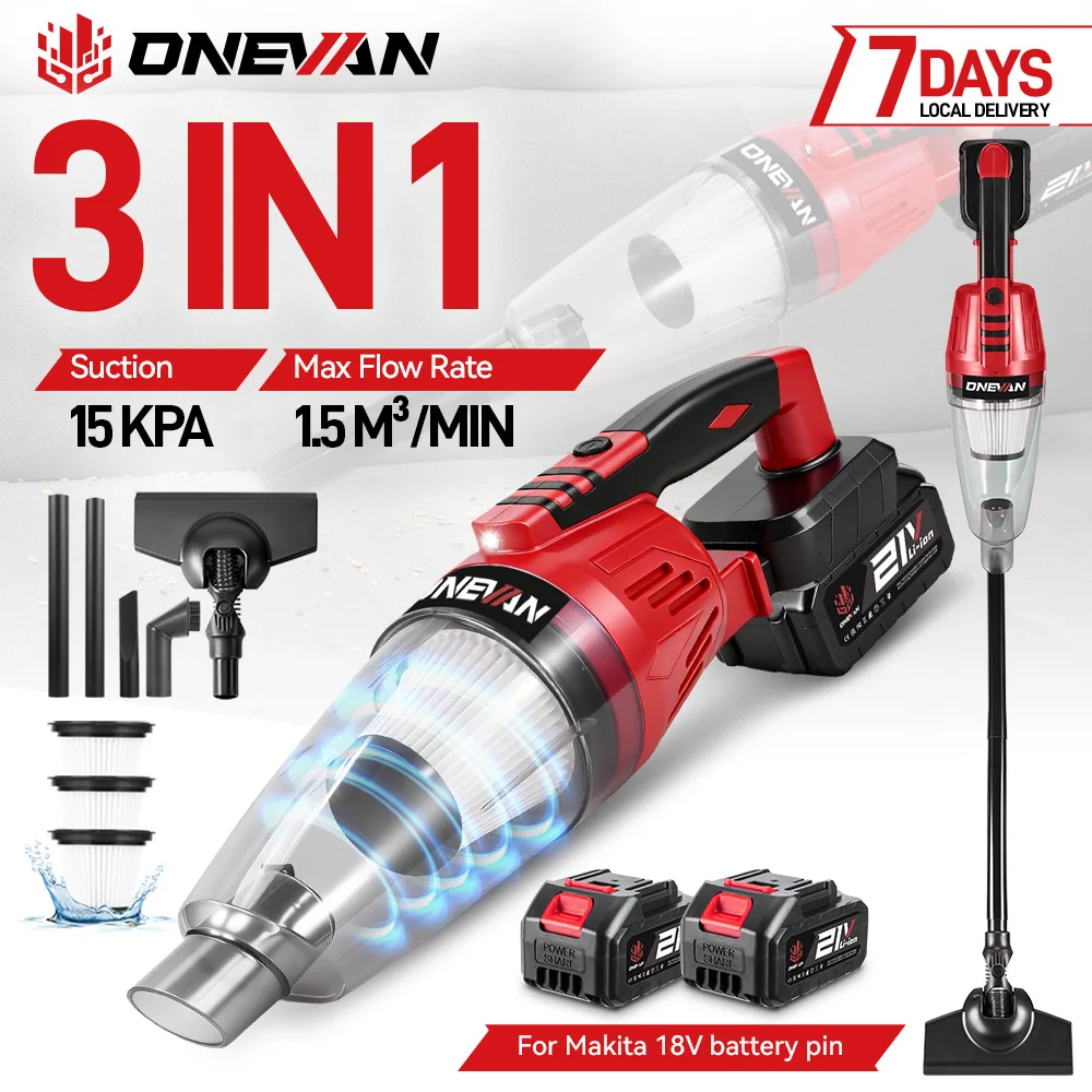 ONEVAN 12kpa Kabelloser Elektrischer Staubsauger 1500W Handstaubsauger für Boden und Sofa, Reinigungsgerät für Makita 18V Akku