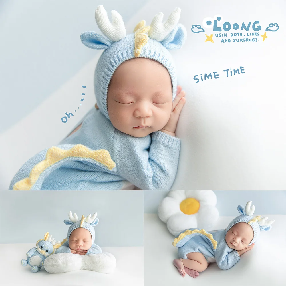 

Baby Knitted Costume Newborn Photography Outfits Cute Blue Dragon Clothes Crochet Jumpsuit Hat Doll Baby Photo Shoot Accessories