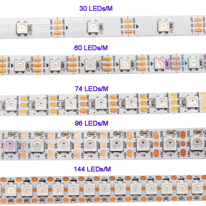 Imagem -02 - Tira Conduzida Individualmente Endereçável 30 60 74 96 144 Pixels m Ws2812 Rgb Luzes 5m Preto Branco Pwb Ip30 65 67 5v Ws2812b