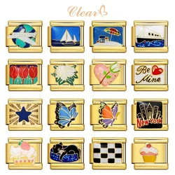 2024 New Hot Fashions Gold Color Plane Ship Car Charm Links Fit 9mm Bracelet Stainless Steel Making DIY Jewelry