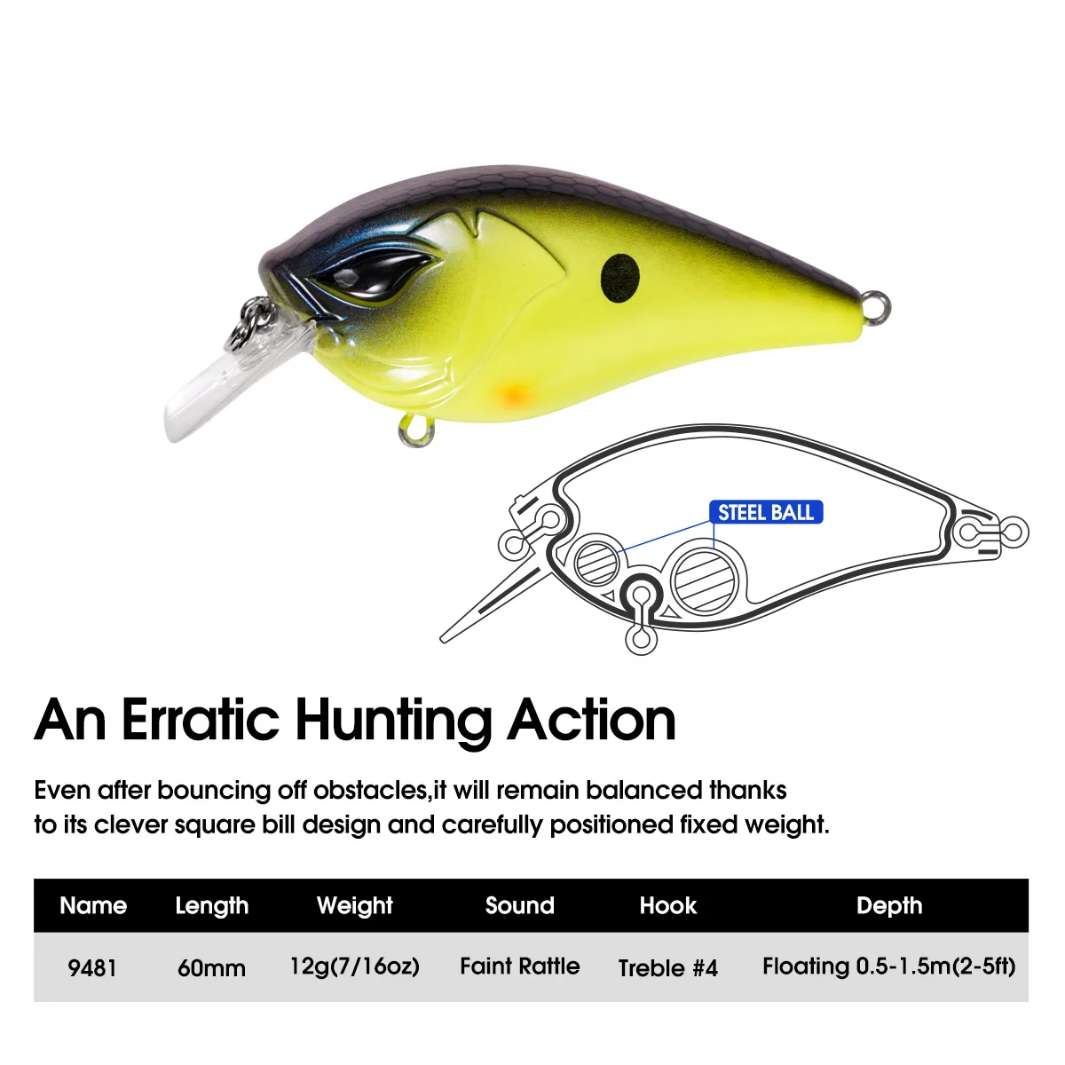 NOEBY 60mm 12g Shallow Squarebill Crankbaits Minnow Fishing Lure Floating Wobbler Artificial Hard Bait for Bass Fishing Lure