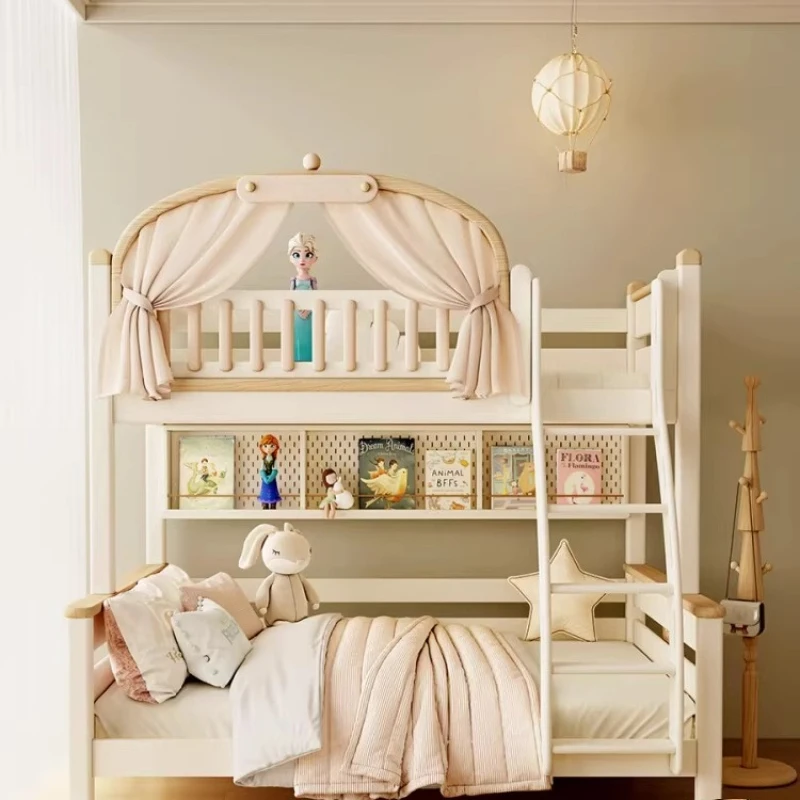 Children's All Solid Wood High and Low Bed Bunk Bed with Bookshelf Bookcase Upper and Lower Bunk High Shelf Mother Bed