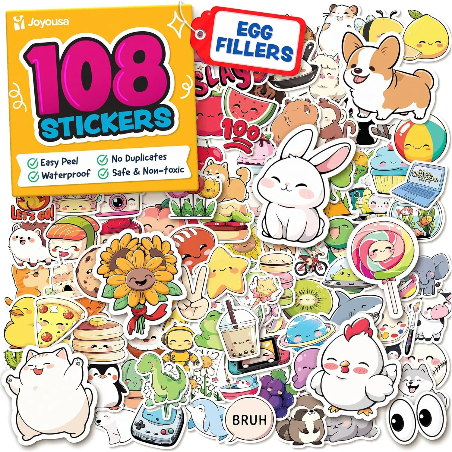 

Cute Kawaii Waterproof Vinyl Stickers for Kids & Teens - 108pc Pack, Easter Basket Fillers