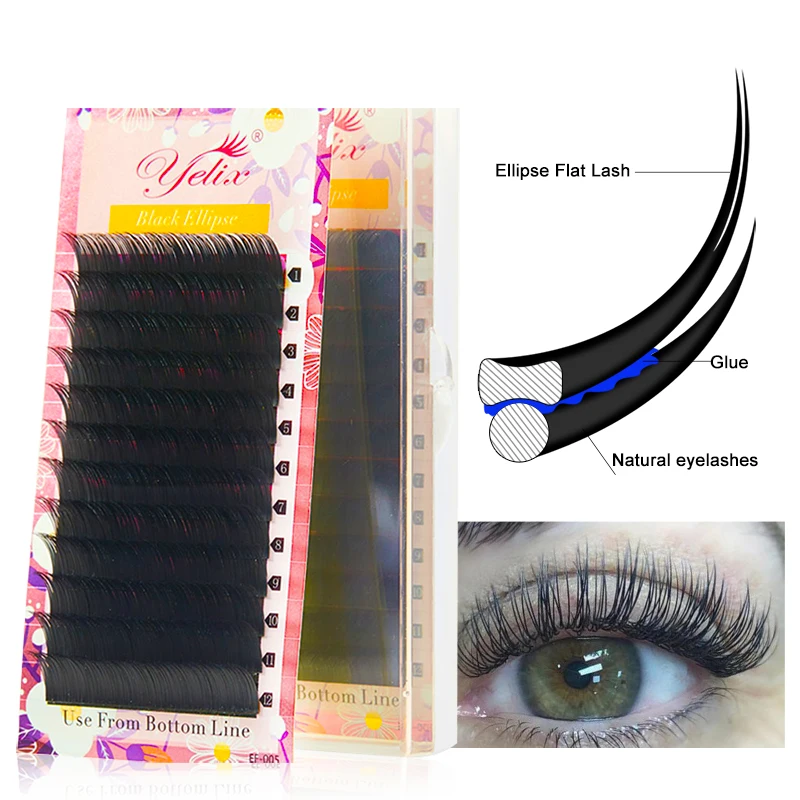 Yelix Flat Ellipse Eyelashes Split Tips Lashes 0.15mm 0.20mm Black Color False Eyelashes Super Soft Natural Eyelash Extension