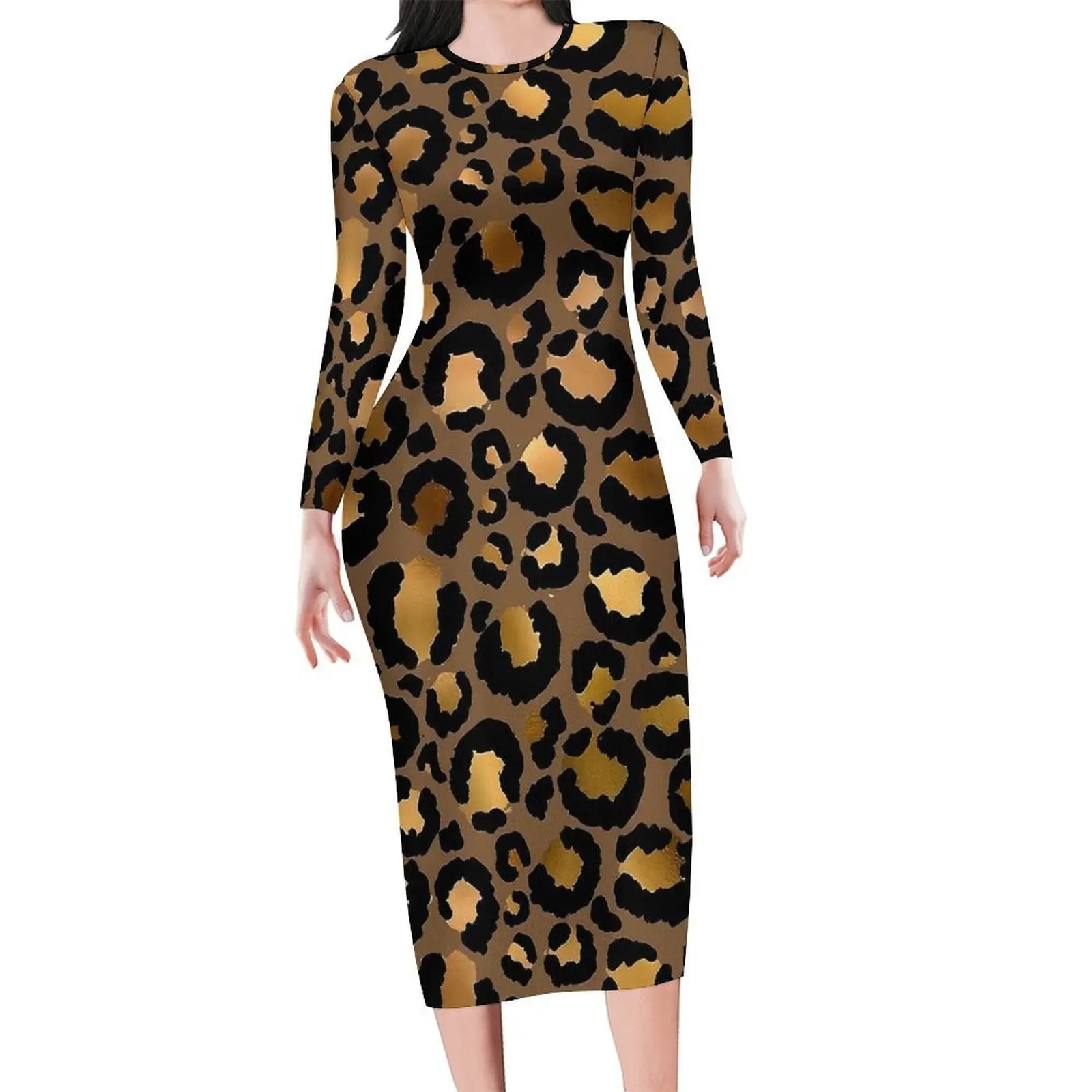 

Gold And Brown Leopard Bodycon Dress Female Cute Dresses Holiday Long Sleeve Street Style Pattern Dress 3XL 4XL 5XL