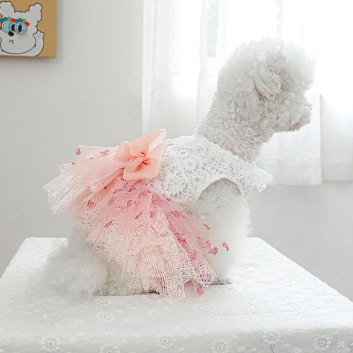 1PC Pet Clothes Spring and Autumn Pink Heart Fluffy Dress Wedding Dress Princess Dress Suitable for Small and Medium sized Dogs