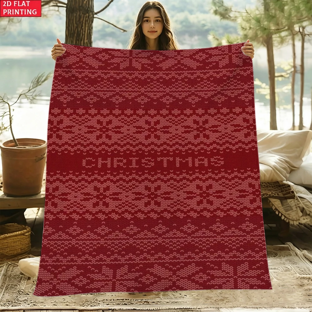 2d Printed Wine Red Knit Look Christmas Word Pattern Decorative Throw Blanket For Holiday Party Gift Home Decor