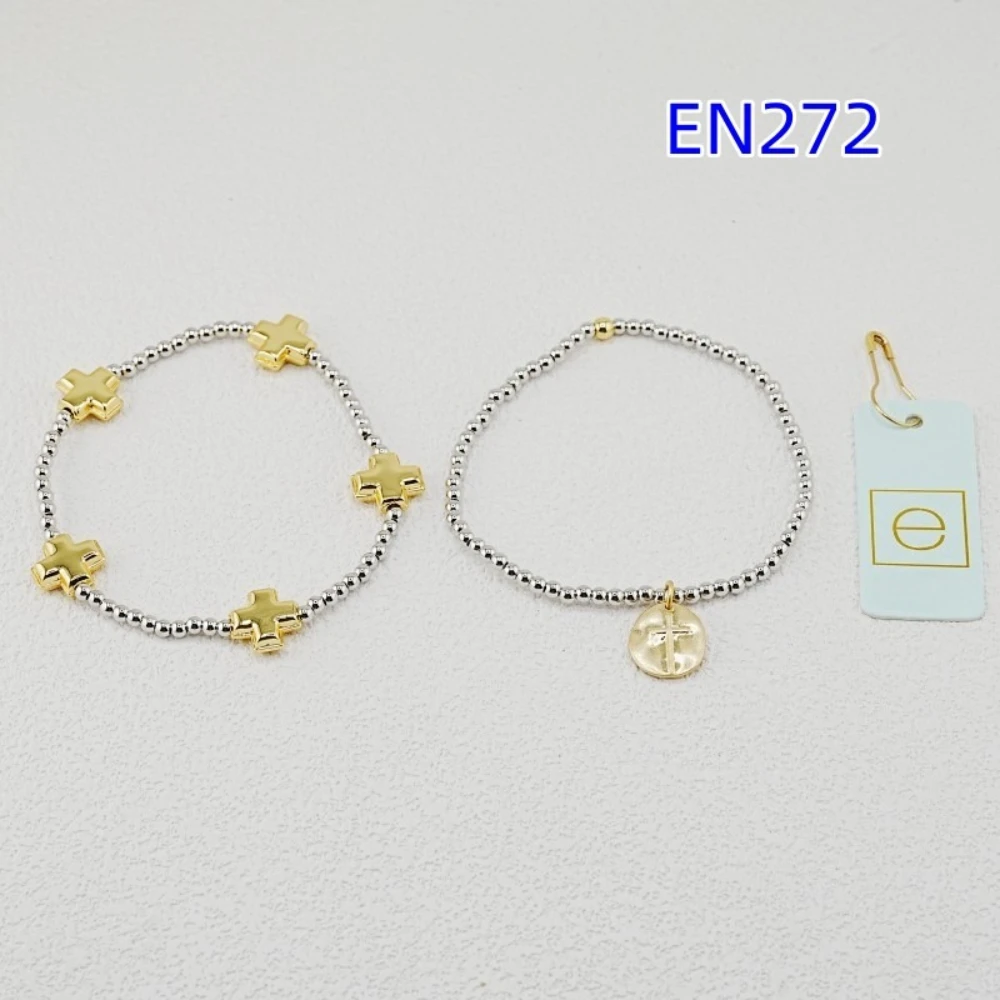 YEEVAA 2pcs Cross Beaded Stackable Bracelet Set - Two Tone Silver & Gold Layered Bracelets Religious Fashion Jewelry