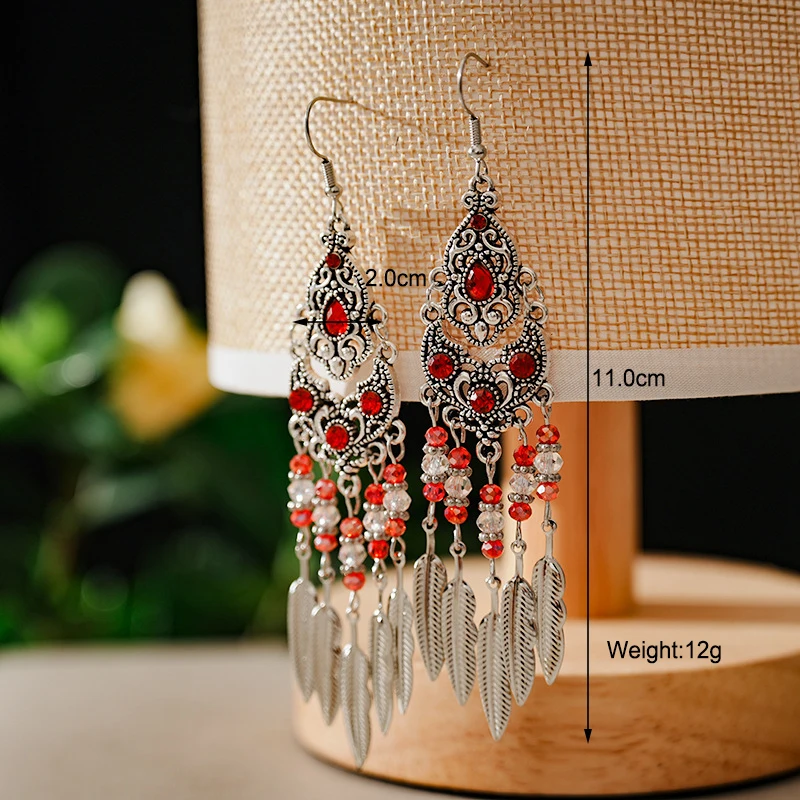 Boho Vintage Leaf Tassel Earrings For Women Geometric Crystal Rhinestone Beads Handmade Beach Vacation Drop Dangle Jewelry Gift