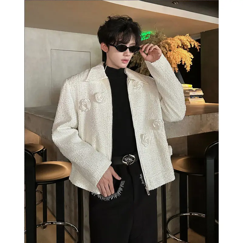 

White 3D Rose ort Men's Woolen Jaet Sparkling Faion Urban Sle Youth Outerwear Warm Polyester Fiber Zipper Closure