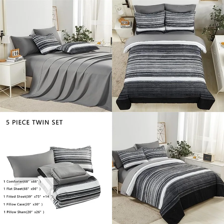 5 Pcs Bed in a Bag Stripe Comforter Set Twin Size, White Black Patchwork Striped Comforter and Sheet Set, All Season Soft Micro