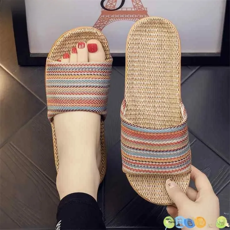 

Linen Slippers Women's Breathable Summer Cool Slippers Linen Fabric High Aesthetic Value National Style Fashion Soft Flat