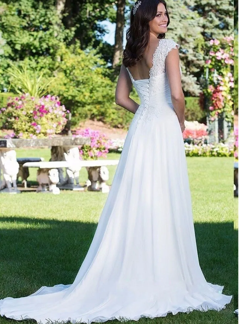 Beach Wedding Gowns Lace Cap Sleeves V Neckline White Dress for Bride Sweep Train Bridal 2026