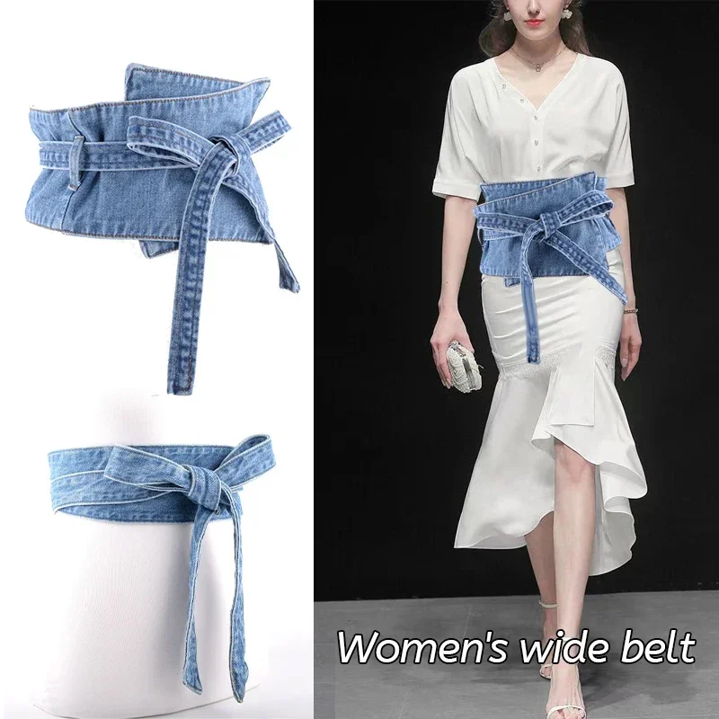 Women's denim belt, waist width, wide bow, dress belt, Gothic double loop patch, tied bow, detachable belt