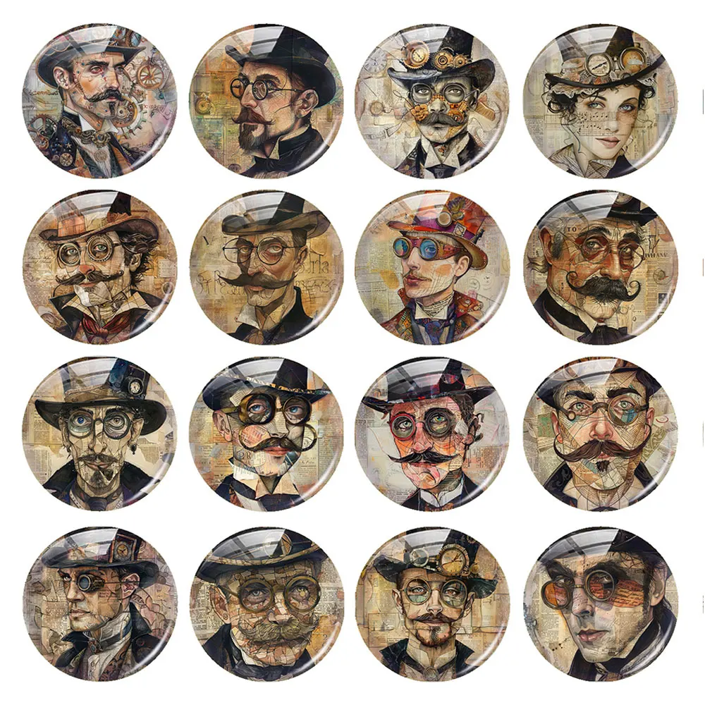 Random Mixed Round/Oval/Square Steampunk Gentleman Portrait Photo Glass Cabochon Flatback Demo Cameo For Diy Jewelry Making