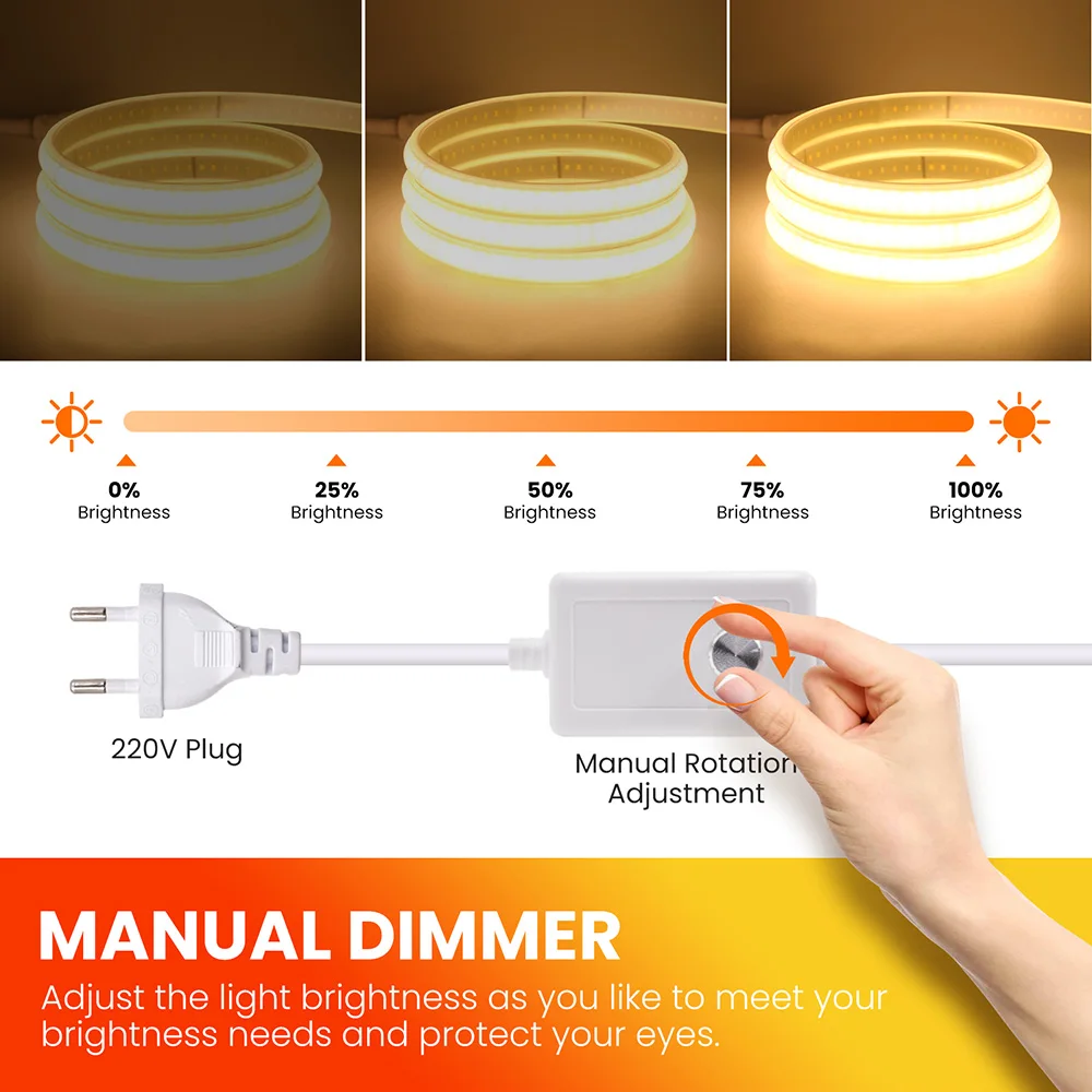 Imagem -05 - Cob Led Strip Neon Light com Interruptor Dimmer 220v 230v ue uk Power 240led Luzes de Fita Flexível Regulável Impermeável Iluminação Liner